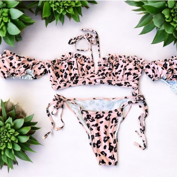 Leopard Print tye up  Bikini Set size small  pink - Picture 1 of 6